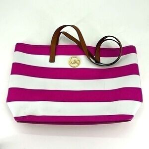 UEC Micheal Kors pink & white striped tote gold MK emblem